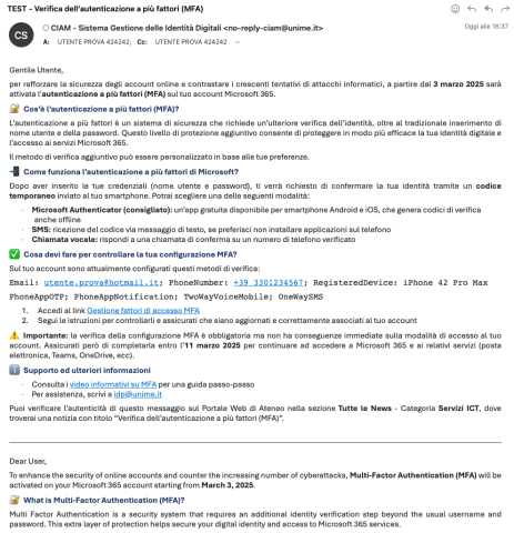 Messaggio email verifica MFA